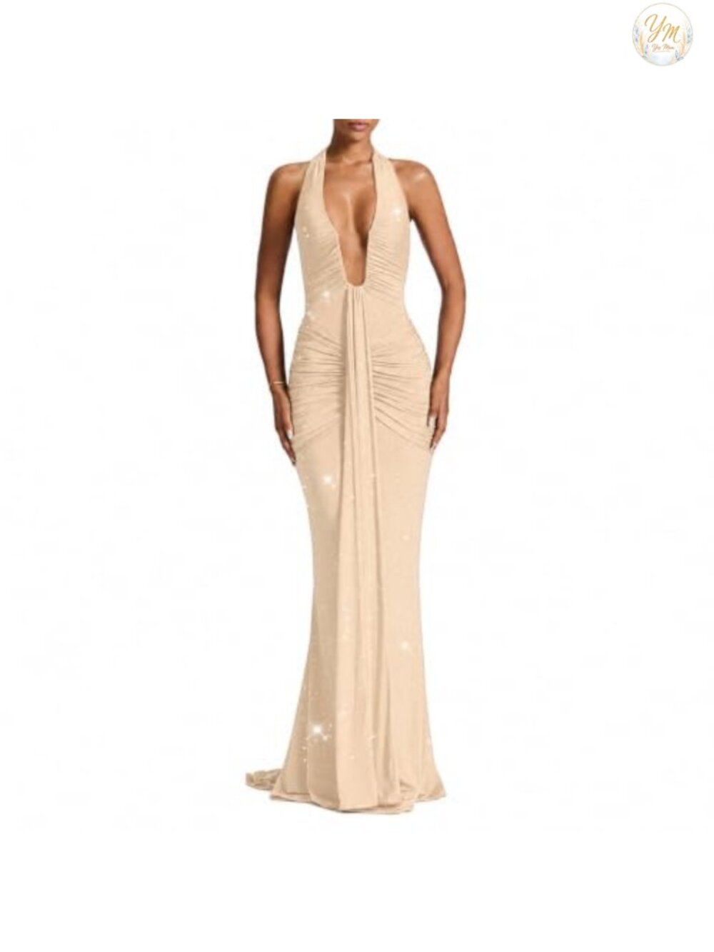 Women Deep V Neck Ruched Maxi Dress Sleeveless Halter Gown Cocktail Formal